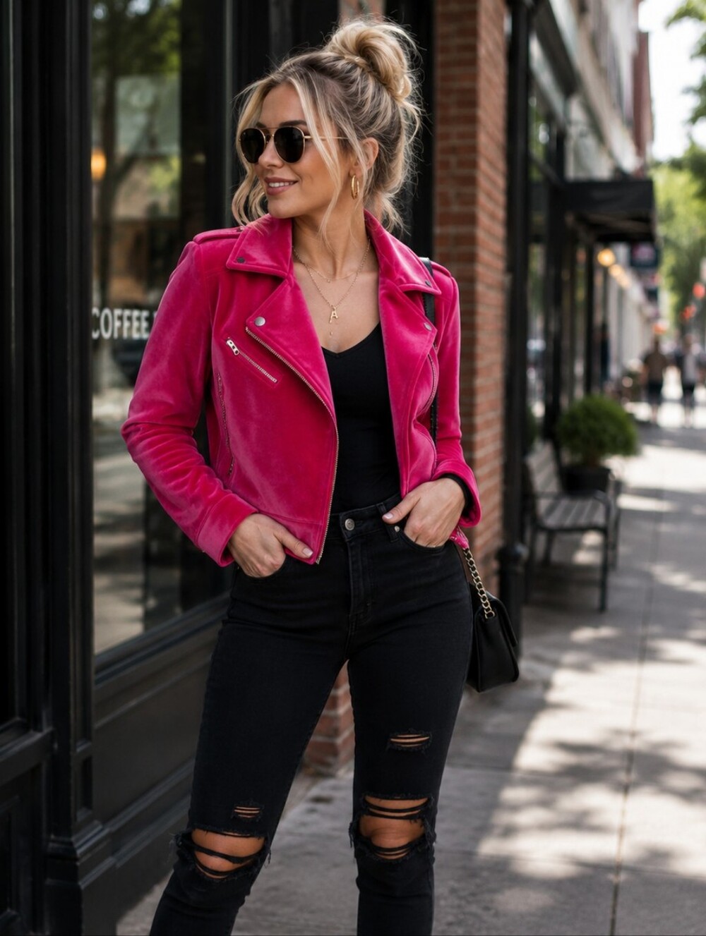Hot Pink Velvet Moto Jacket - Women